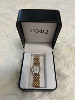 QVC DMQ Gold Tone Women's Bracelet Watch with Crystal Accents